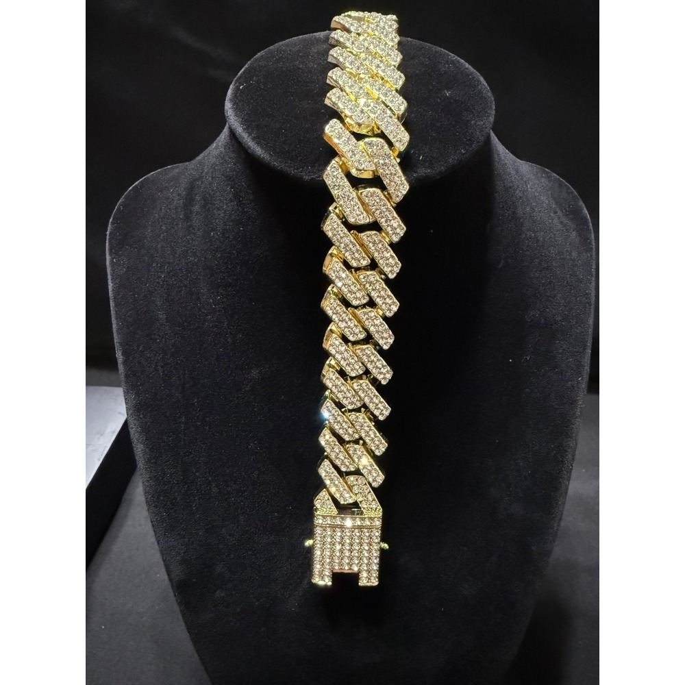 iced out gold cuban vvscz stones bracelet 7 inch 20 mm triple clasp lock